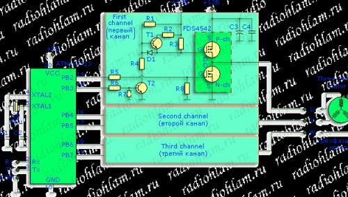 We connect the button to the ATtiny2313 microcontroller, a simple program